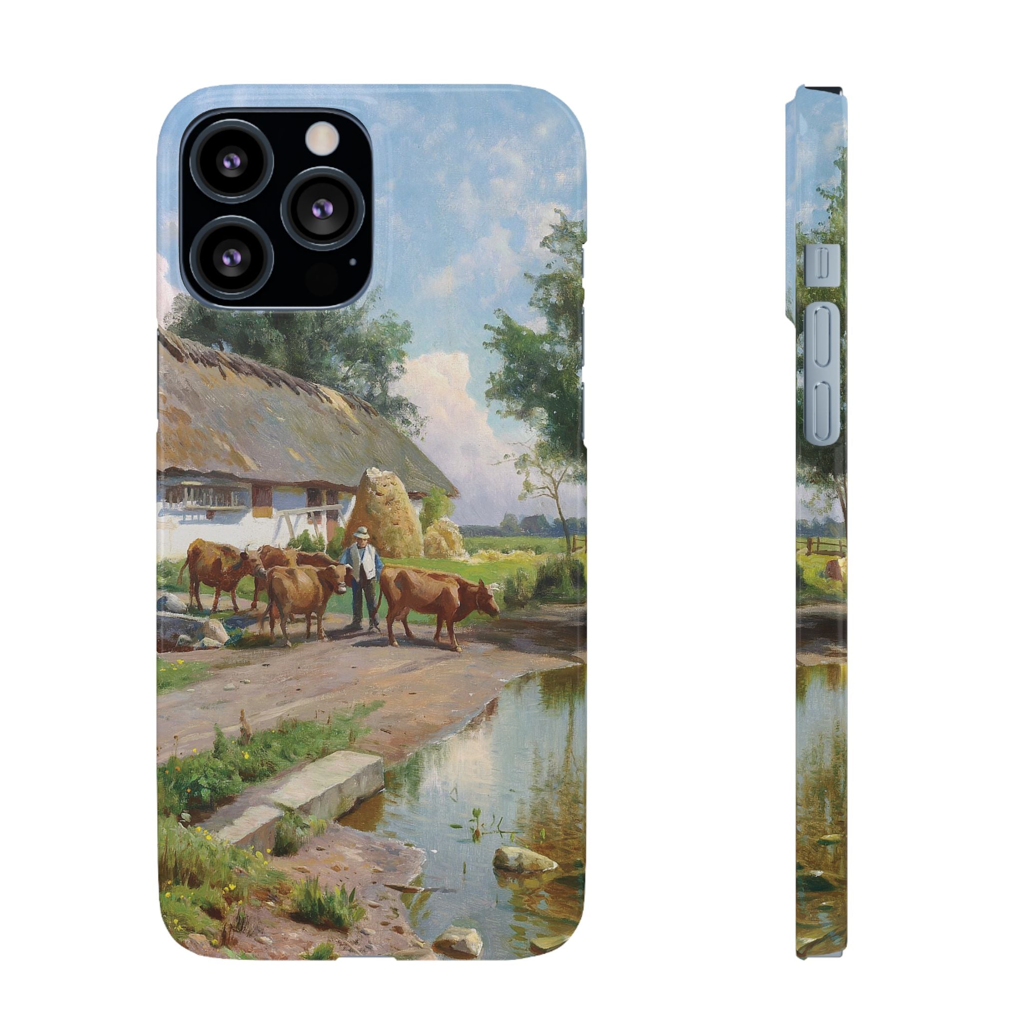 The cows are watered at the village pond in Stroby Egede Denmark by Peder Mork Monsted - iPhone Slim Case