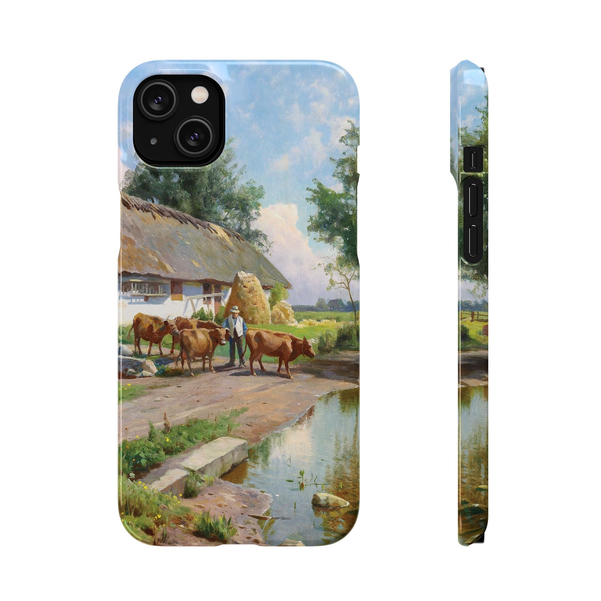 The cows are watered at the village pond in Stroby Egede Denmark by Peder Mork Monsted - iPhone Slim Case