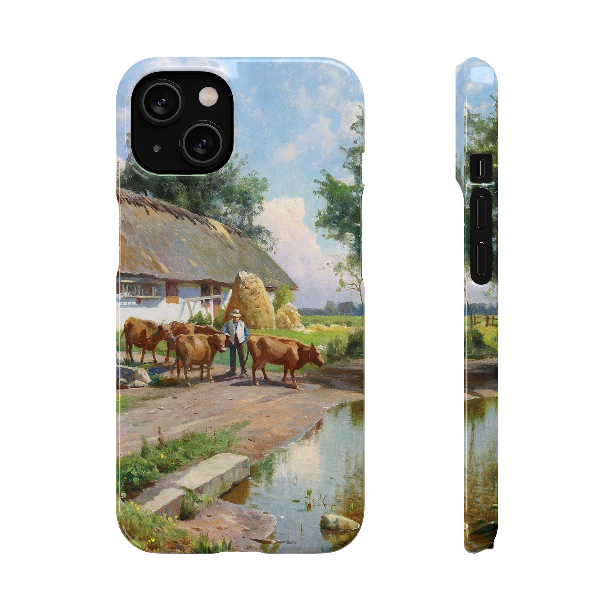 The cows are watered at the village pond in Stroby Egede Denmark by Peder Mork Monsted - iPhone Slim Case