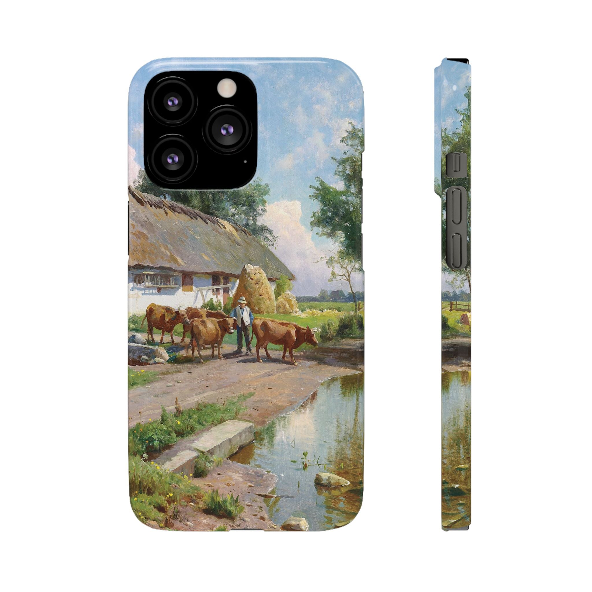 The cows are watered at the village pond in Stroby Egede Denmark by Peder Mork Monsted - iPhone Slim Case