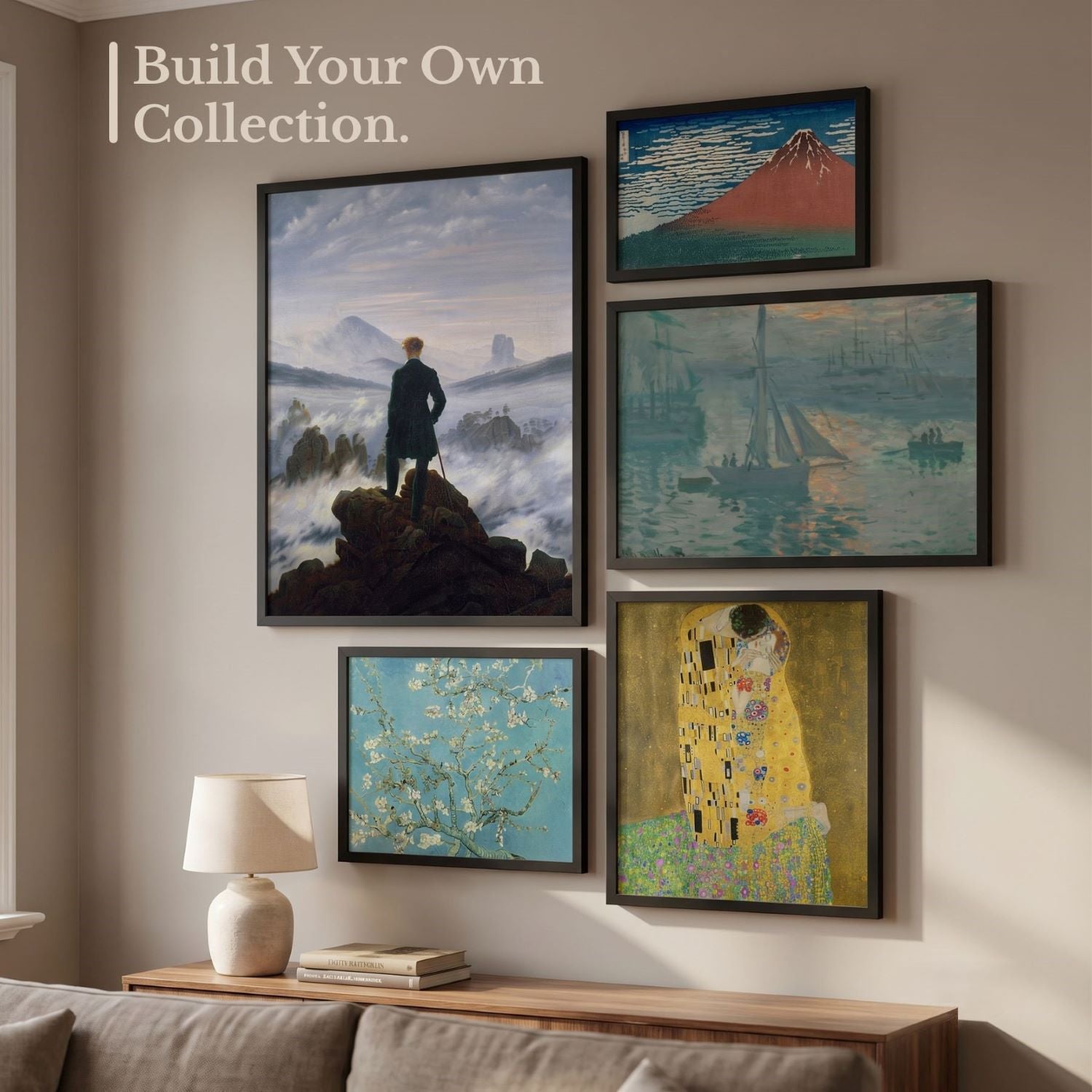 Create a personalized gallery wall with your favorite artwork. This wall art collection inspiration shows multiple framed pieces arranged together to transform any room into a stylish and unique space.