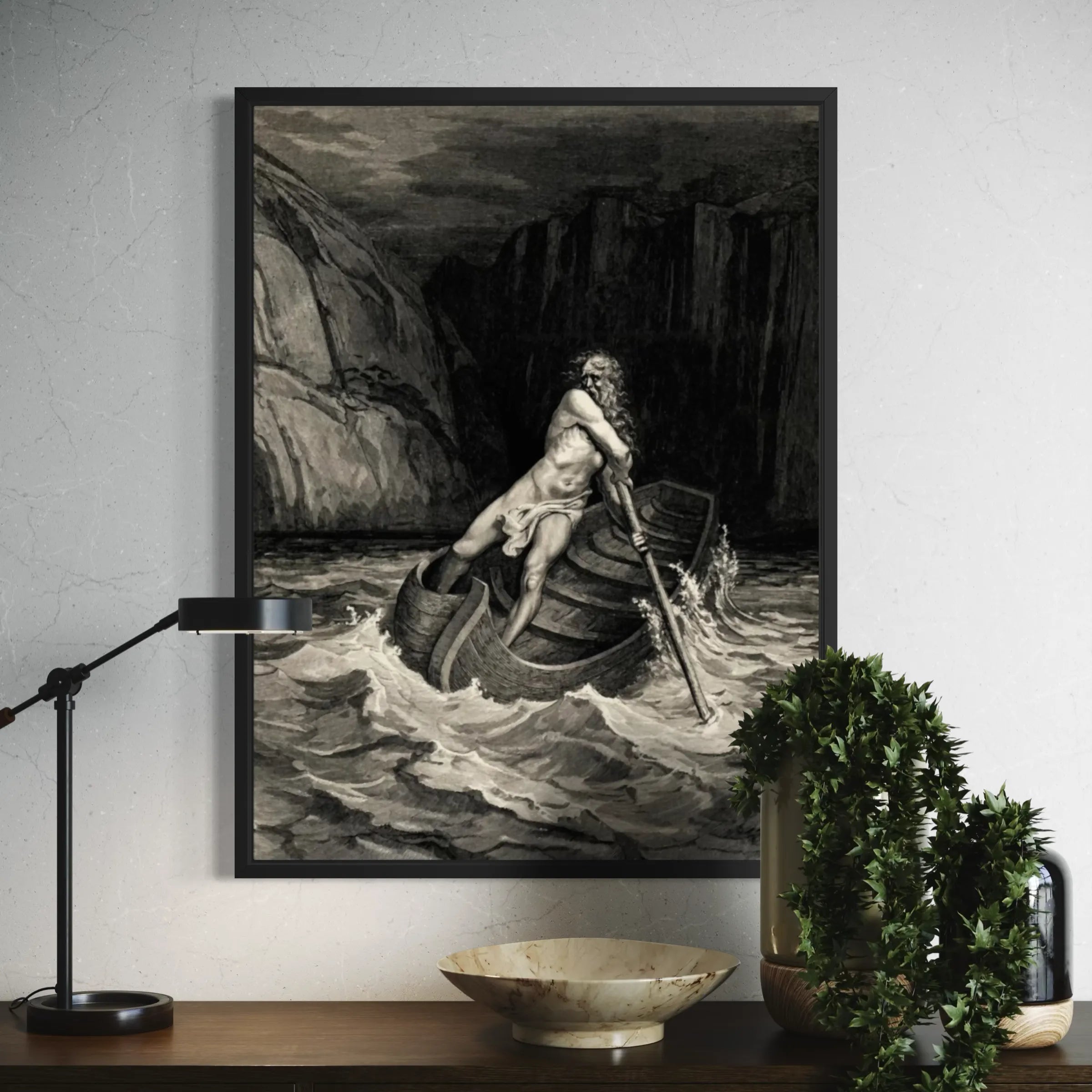 Canto III – Charon by Gustave Doré wall art hanging on a wall as elegant home decor.