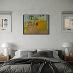 Framed De slaapkamer (The Bedroom) by Vincent van Gogh wall art hanging on a wall in a modern interior.
