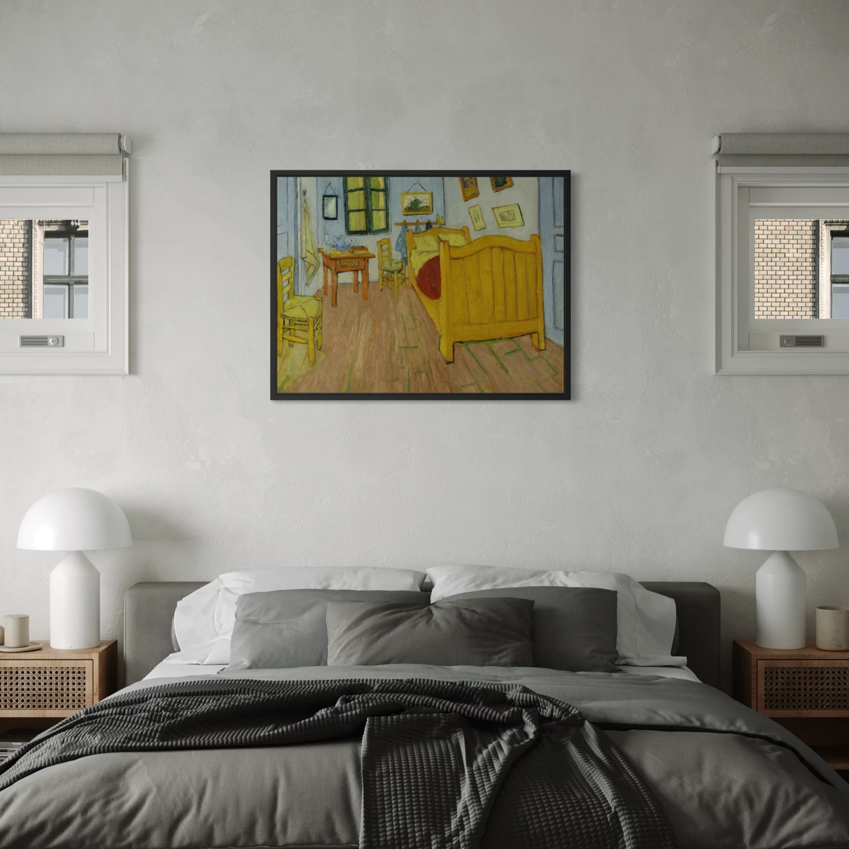 Framed De slaapkamer (The Bedroom) by Vincent van Gogh wall art hanging on a wall in a modern interior.