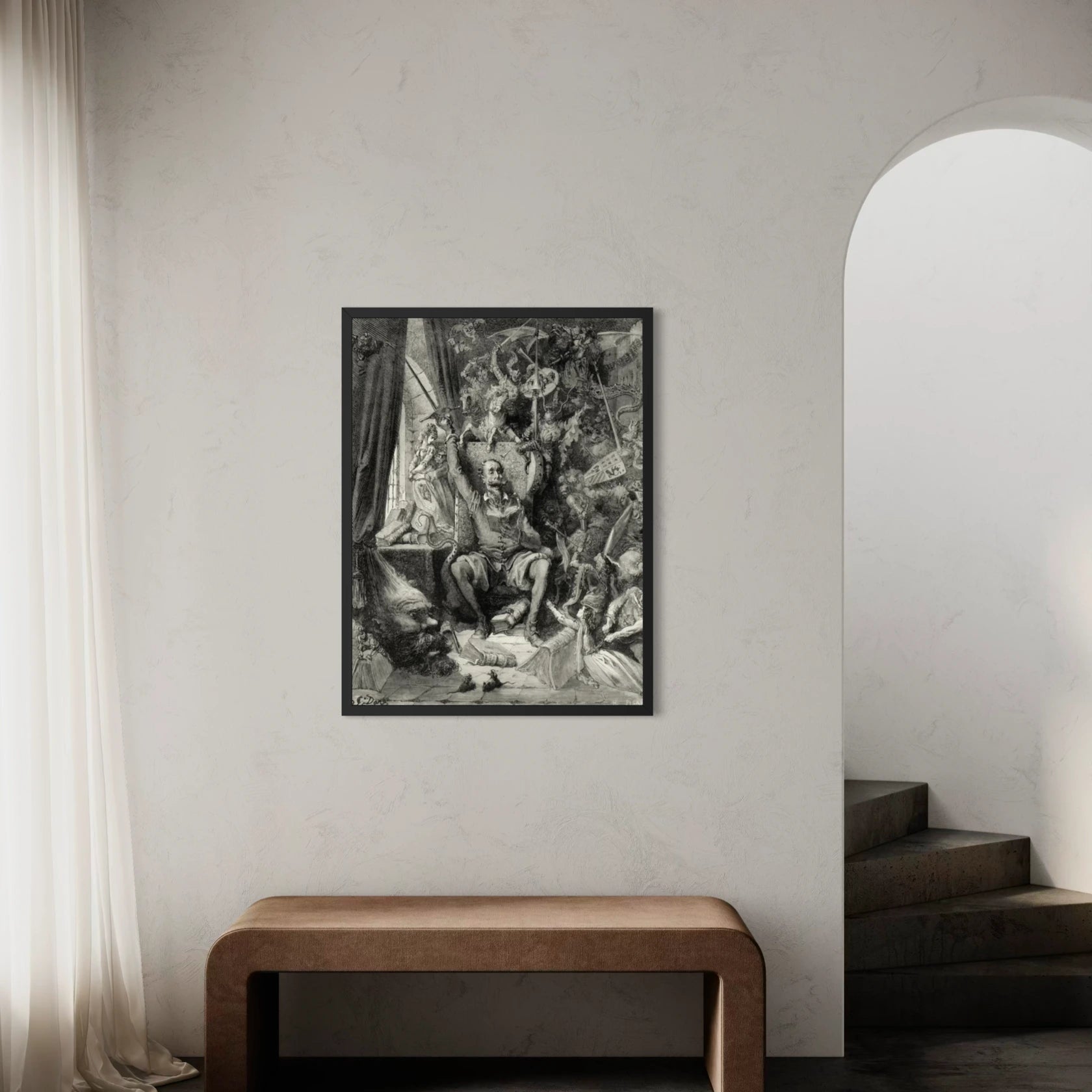 Framed Don Quixote and His Visions by Gustave Doré wall art hanging on a wall in a modern interior.