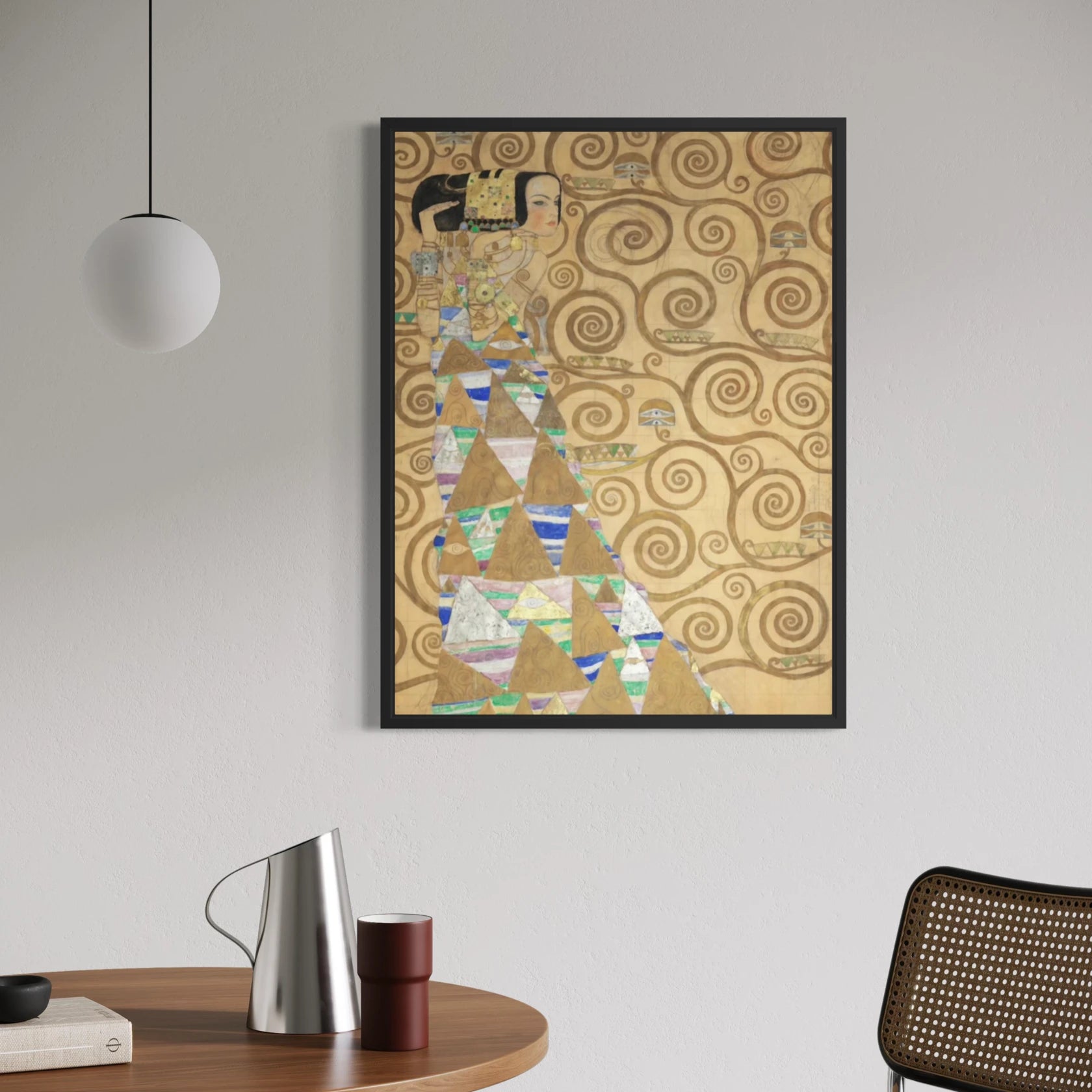 Framed Expectation by Gustav Klimt wall art hanging on a wall in a modern interior.