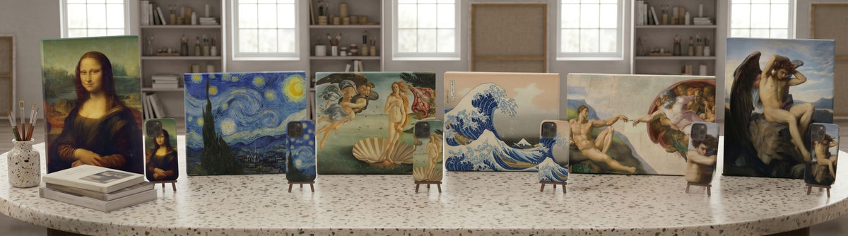 Collection of famous artists and iconic artworks featured on wall art and phone cases by ArtRelit.