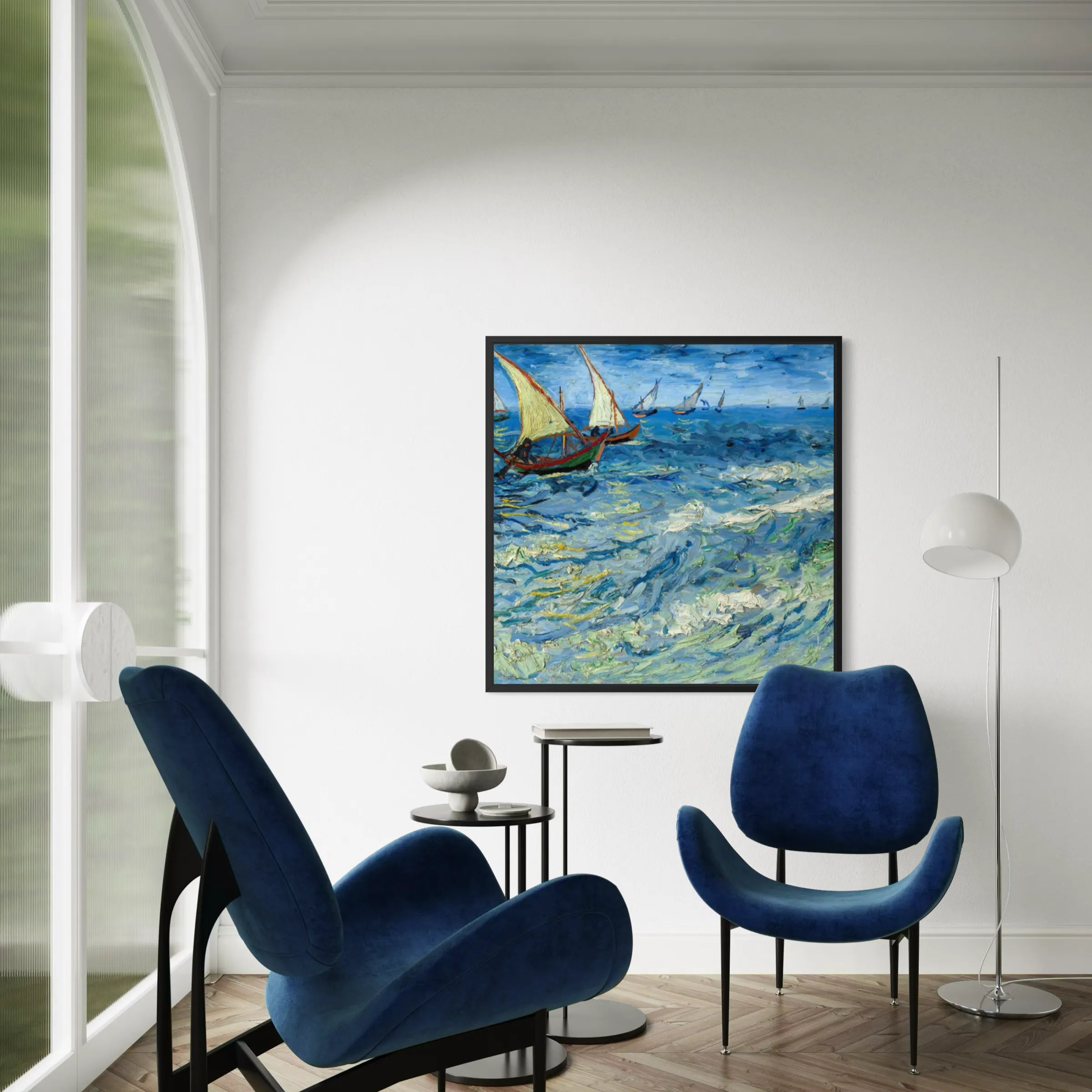 Fishing Boats at Sea by Vincent van Gogh wall art hanging on a wall as elegant home decor.