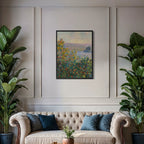 Framed Flower Beds at Vétheuil by Claude Monet wall art hanging on a wall in a modern interior.
