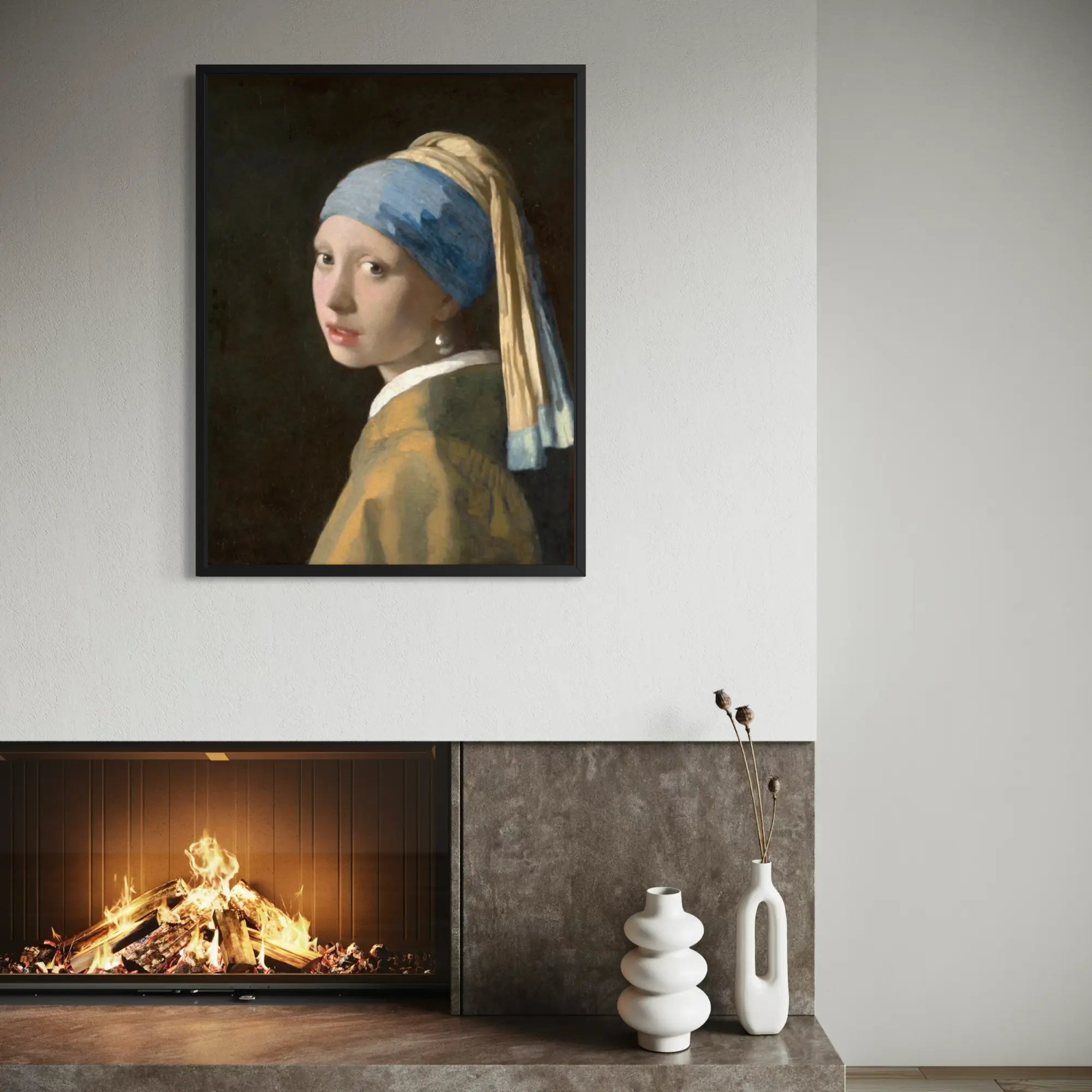 Girl with a Pearl Earring by Johannes Vermeer wall art hanging on a wall as elegant home decor.
