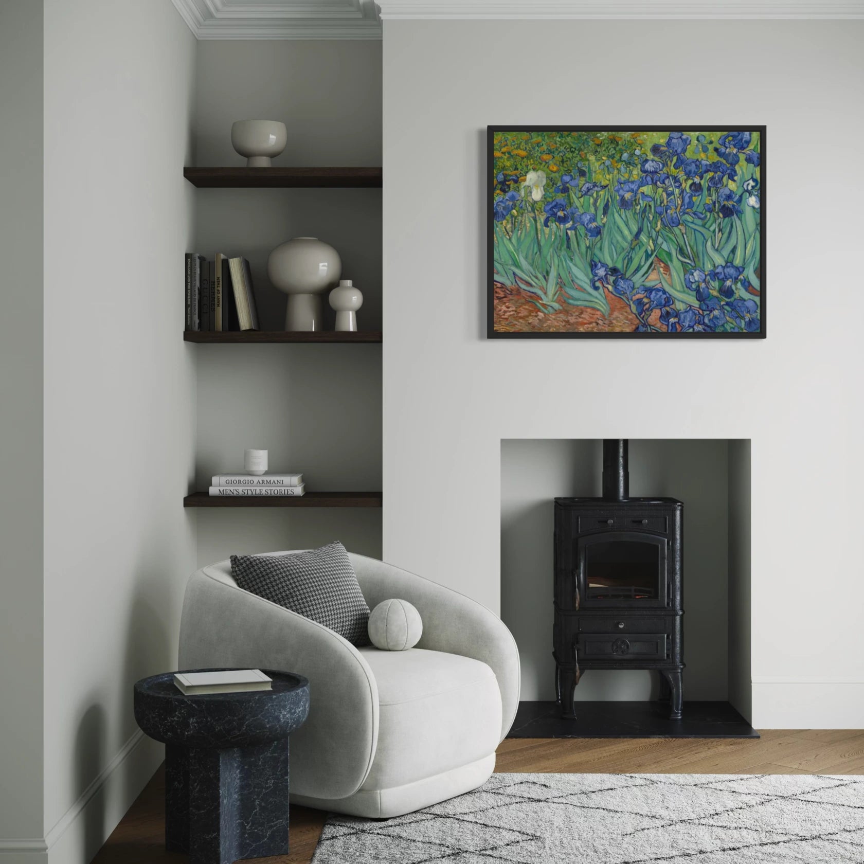 Framed Irises by Vincent van Gogh wall art hanging on a wall in a modern interior.