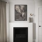 Framed La Rue de la Vieille Lanterne (The Suicide of Gérard de Nerval) by Gustave Doré wall art hanging on a wall in a modern interior.