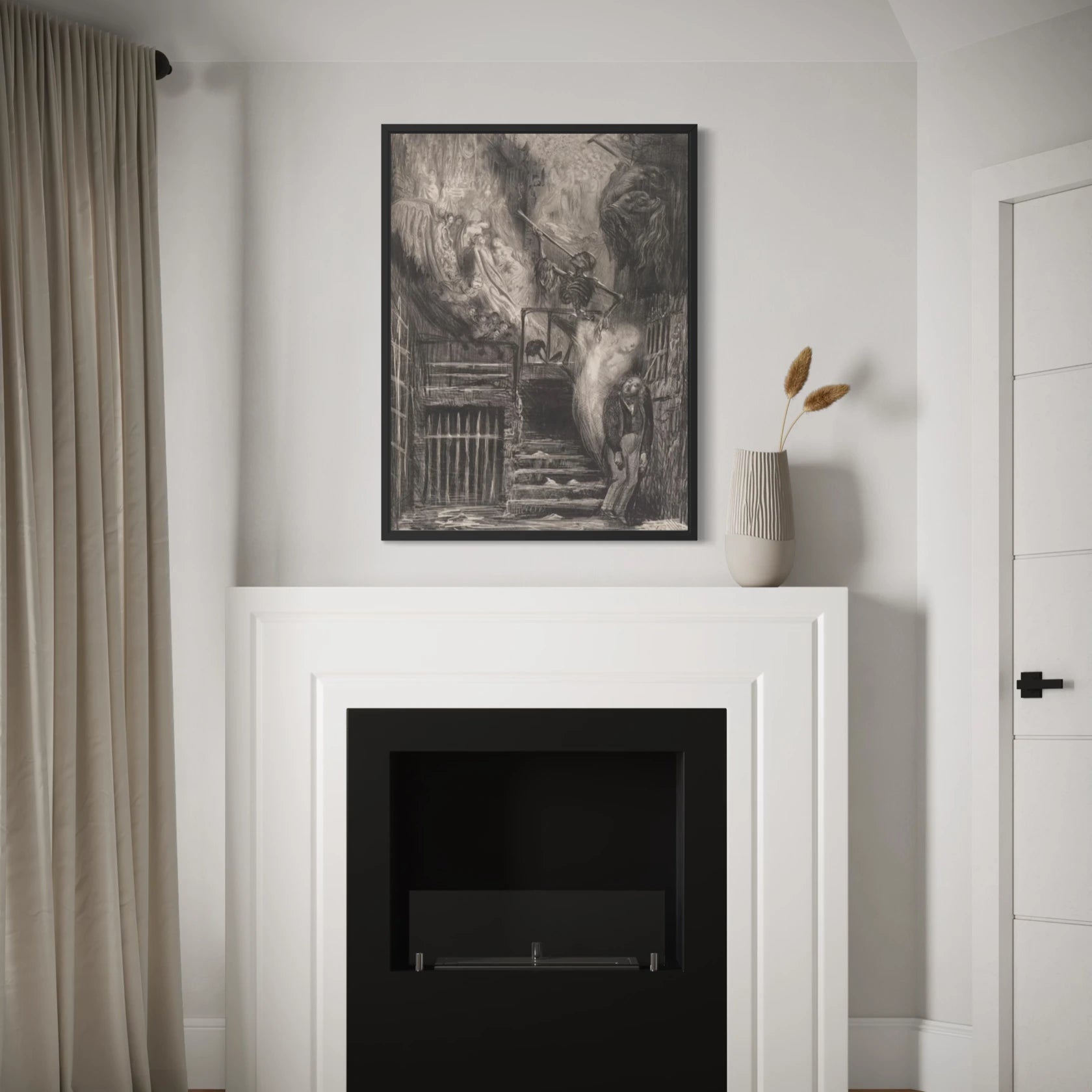 Framed La Rue de la Vieille Lanterne (The Suicide of Gérard de Nerval) by Gustave Doré wall art hanging on a wall in a modern interior.
