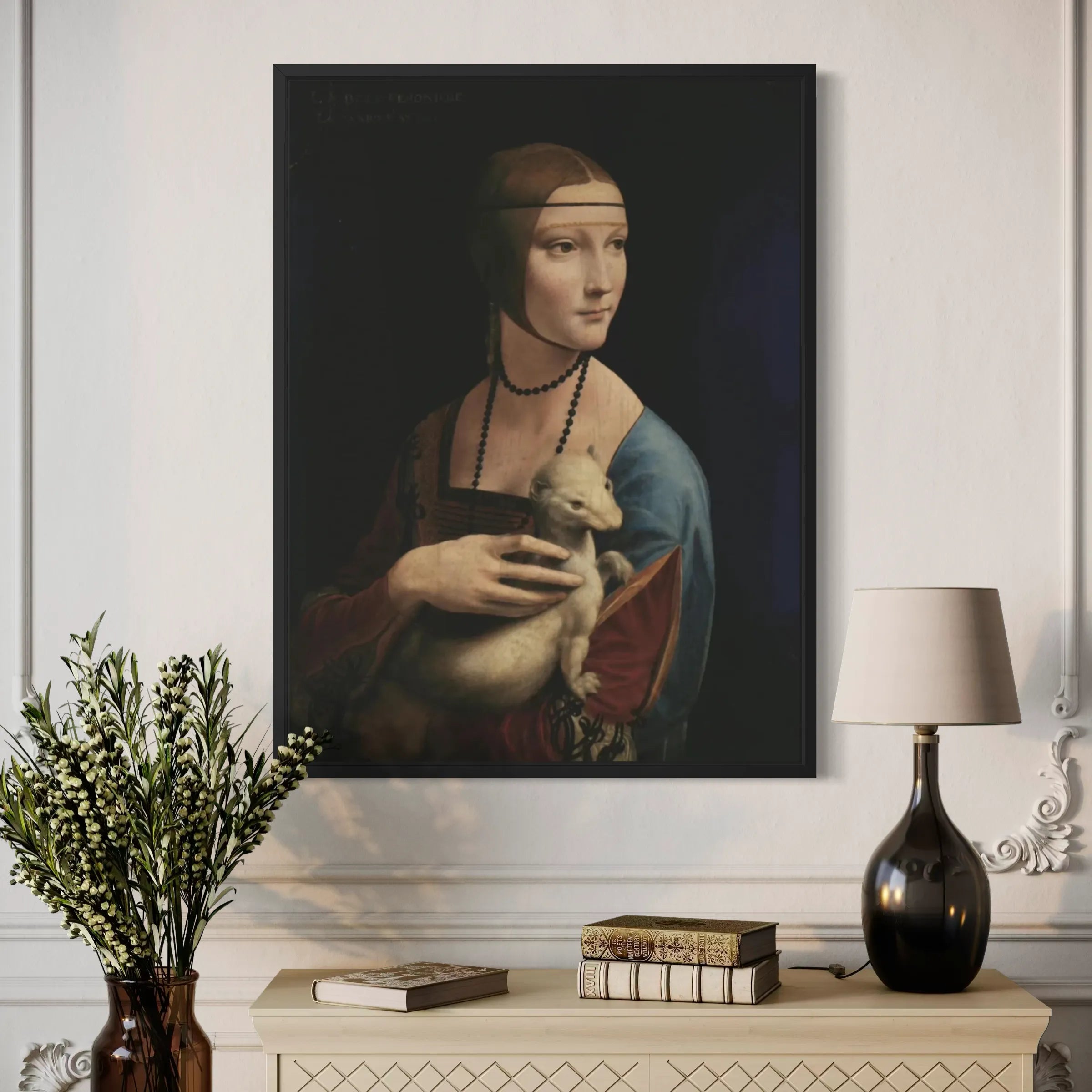 Lady with an Ermine by Leonardo da Vinci wall art hanging on a wall as elegant home decor.