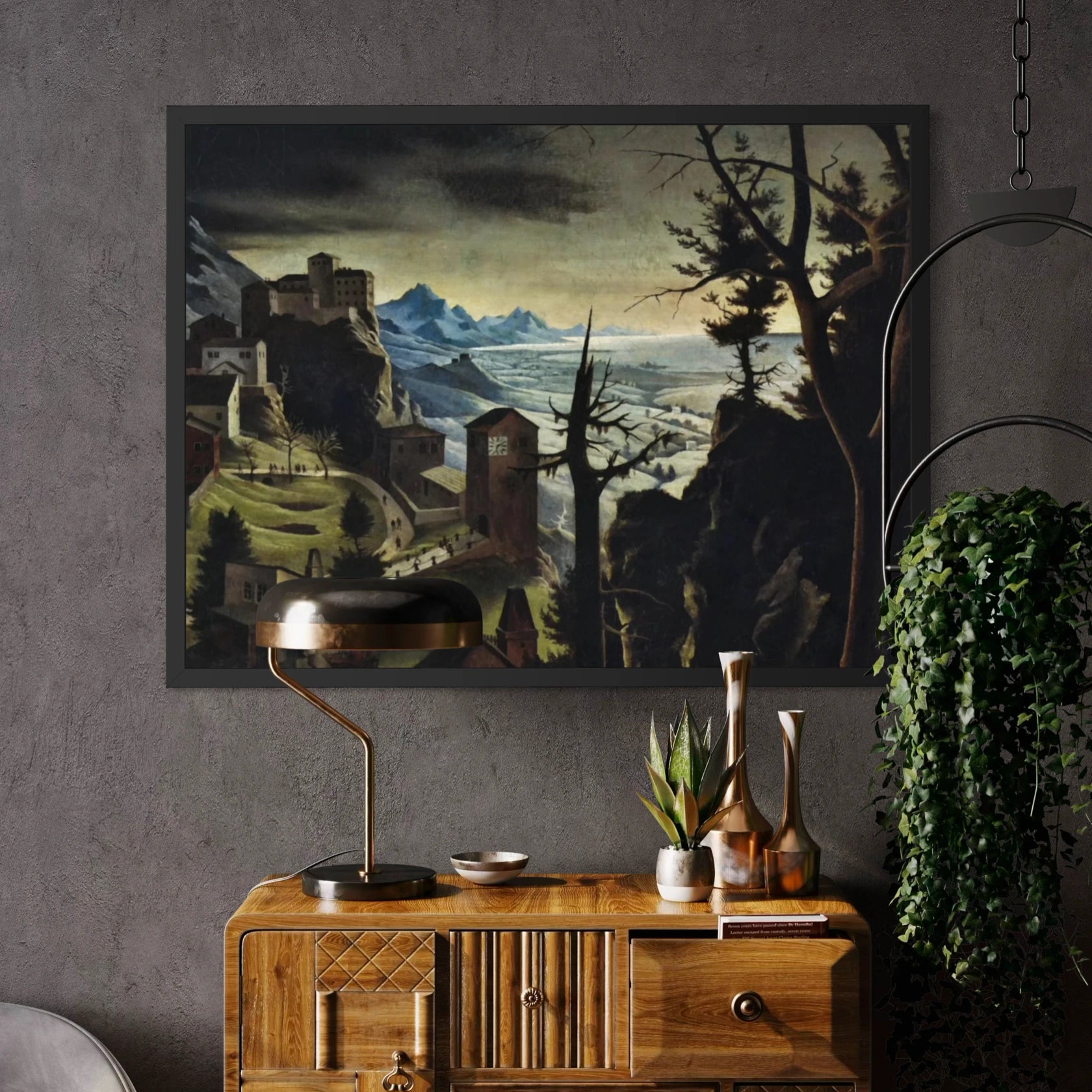 Framed Landschaft mit Burg by Franz Sedlacek wall art hanging on a wall in a modern interior.