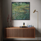 Framed Le Bassin des Nymphéas by Claude Monet wall art hanging on a wall in a modern interior.