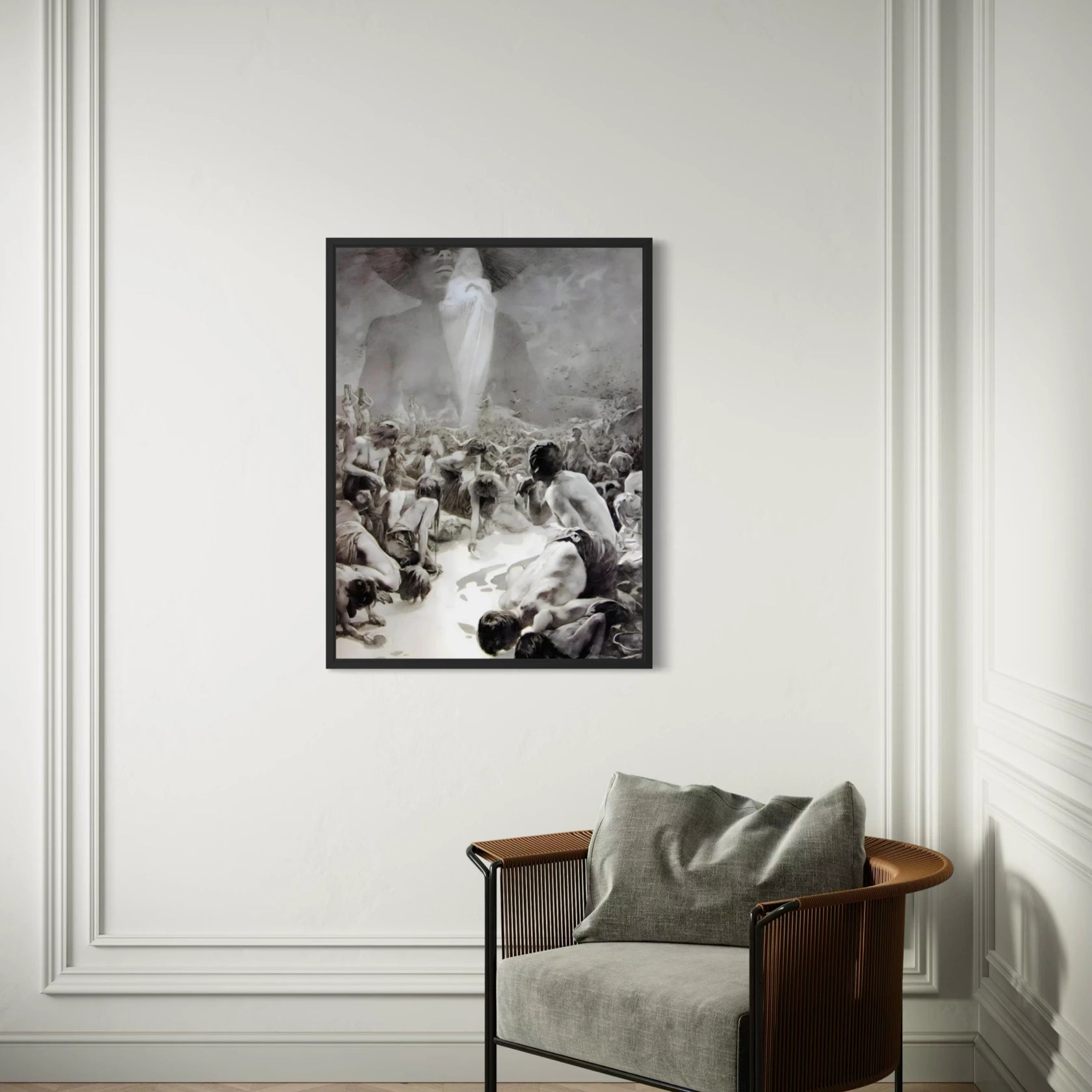 Framed Le Pater: “Give Us Our Daily Bread” by Alphonse Mucha wall art hanging on a wall in a modern interior.