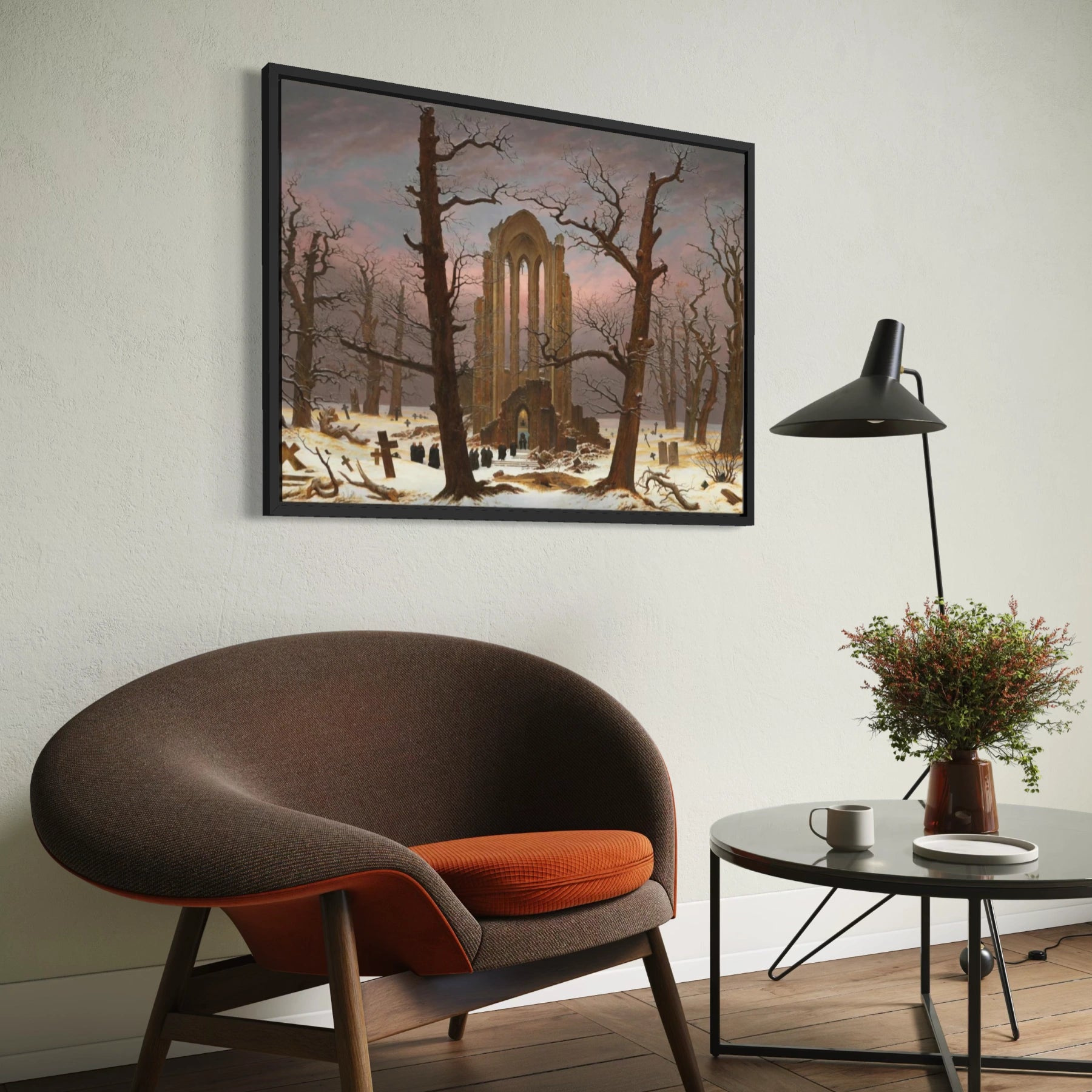 Monastery Graveyard in the Snow by Caspar David Friedrich wall art hanging on a wall as elegant home decor.