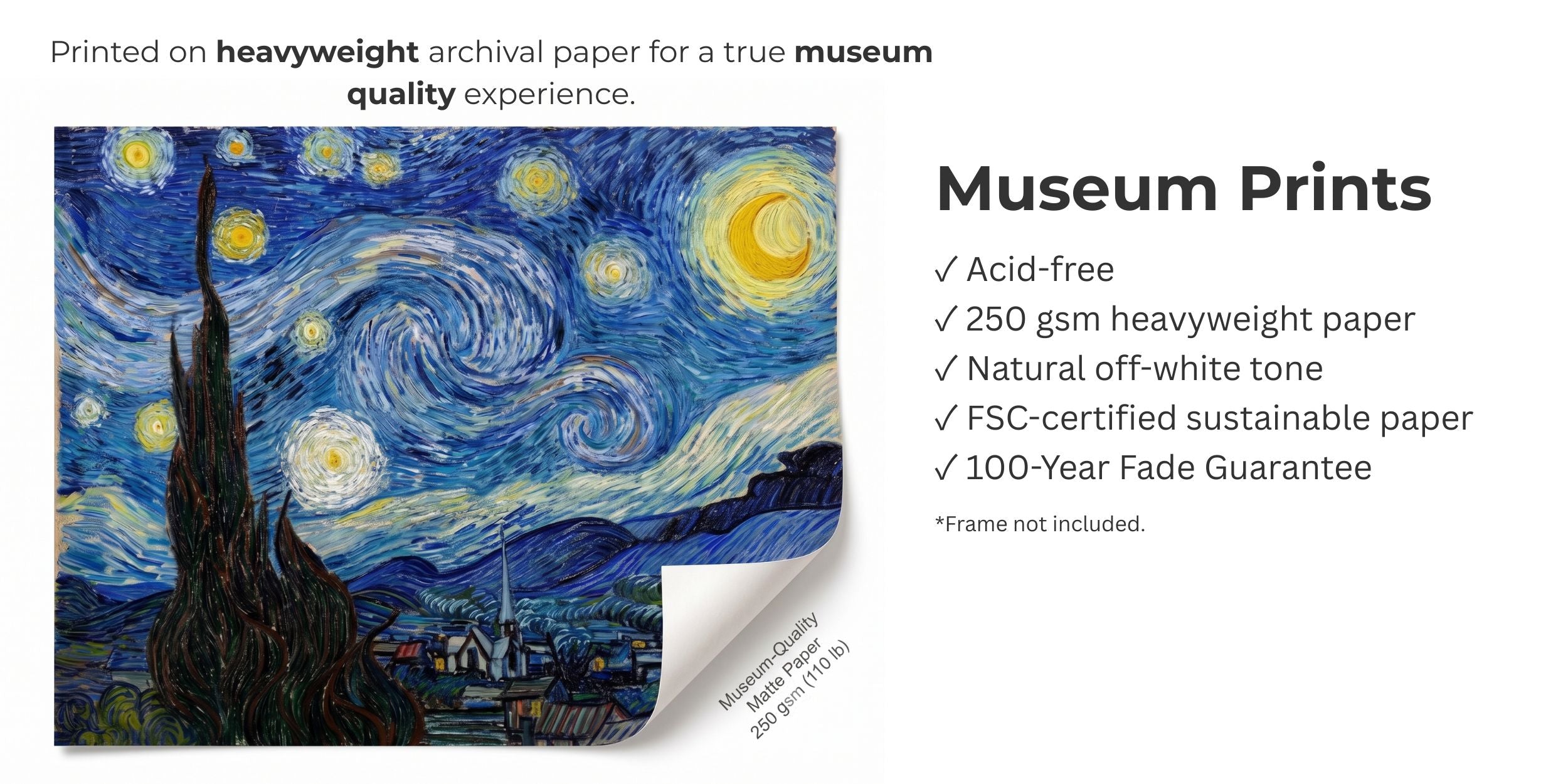 A layout showing a museum-quality poster print with labeled sections highlighting high-resolution artwork, premium paper quality, color accuracy, and fine art printing details, presented as an informational overview graphic.