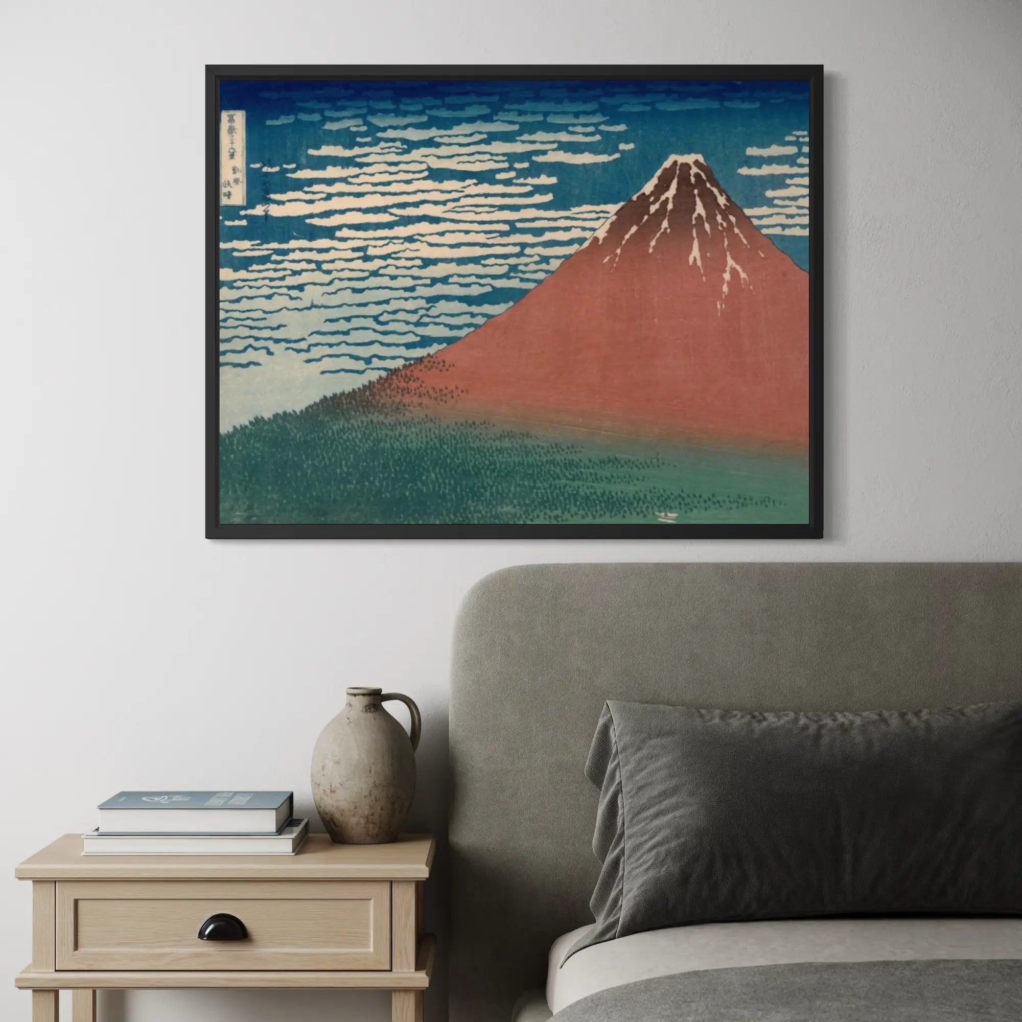 Red Fuji by Hokusai wall art hanging on a wall as elegant home decor.