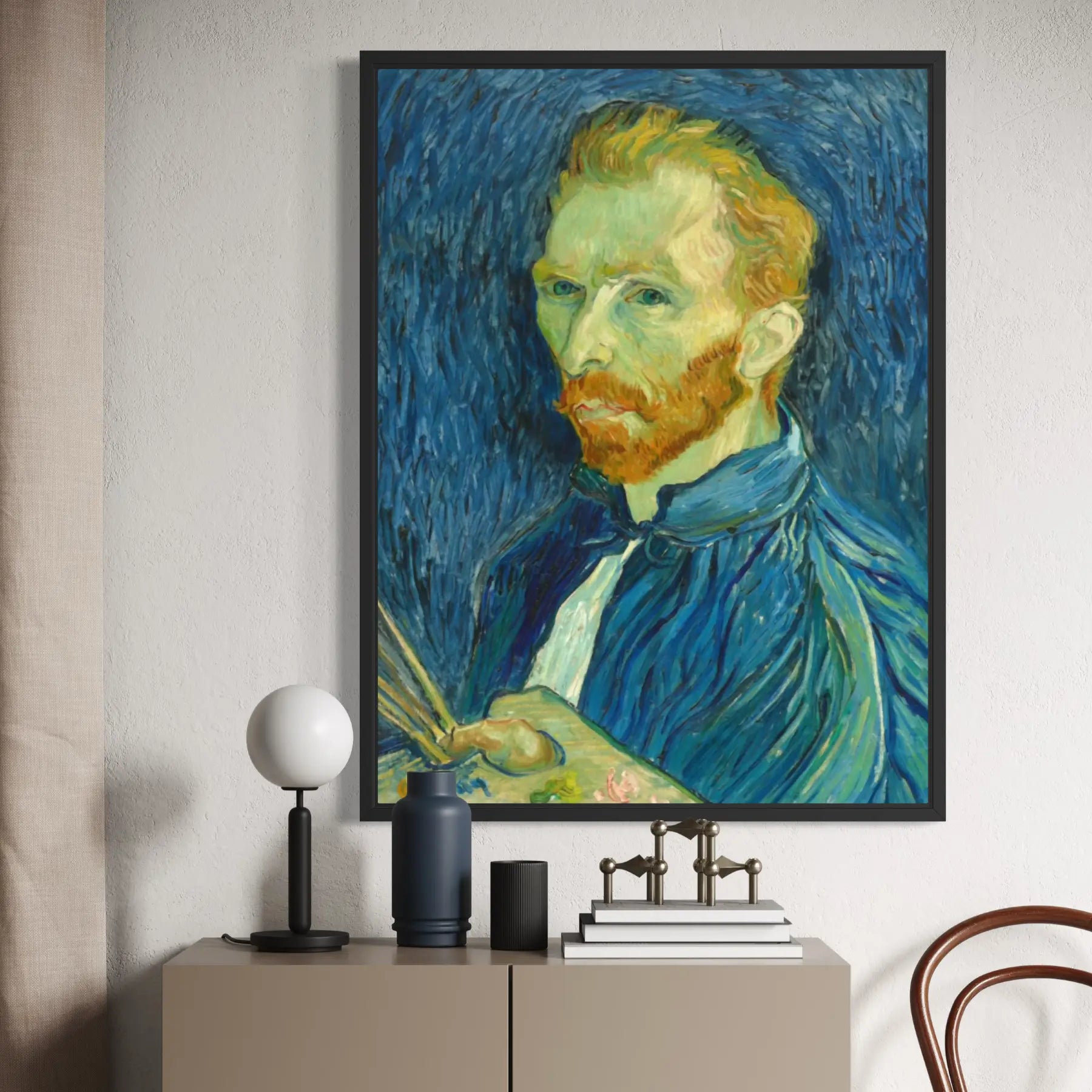 Framed Self-Portrait by Vincent van Gogh wall art hanging on a wall in a modern interior.
