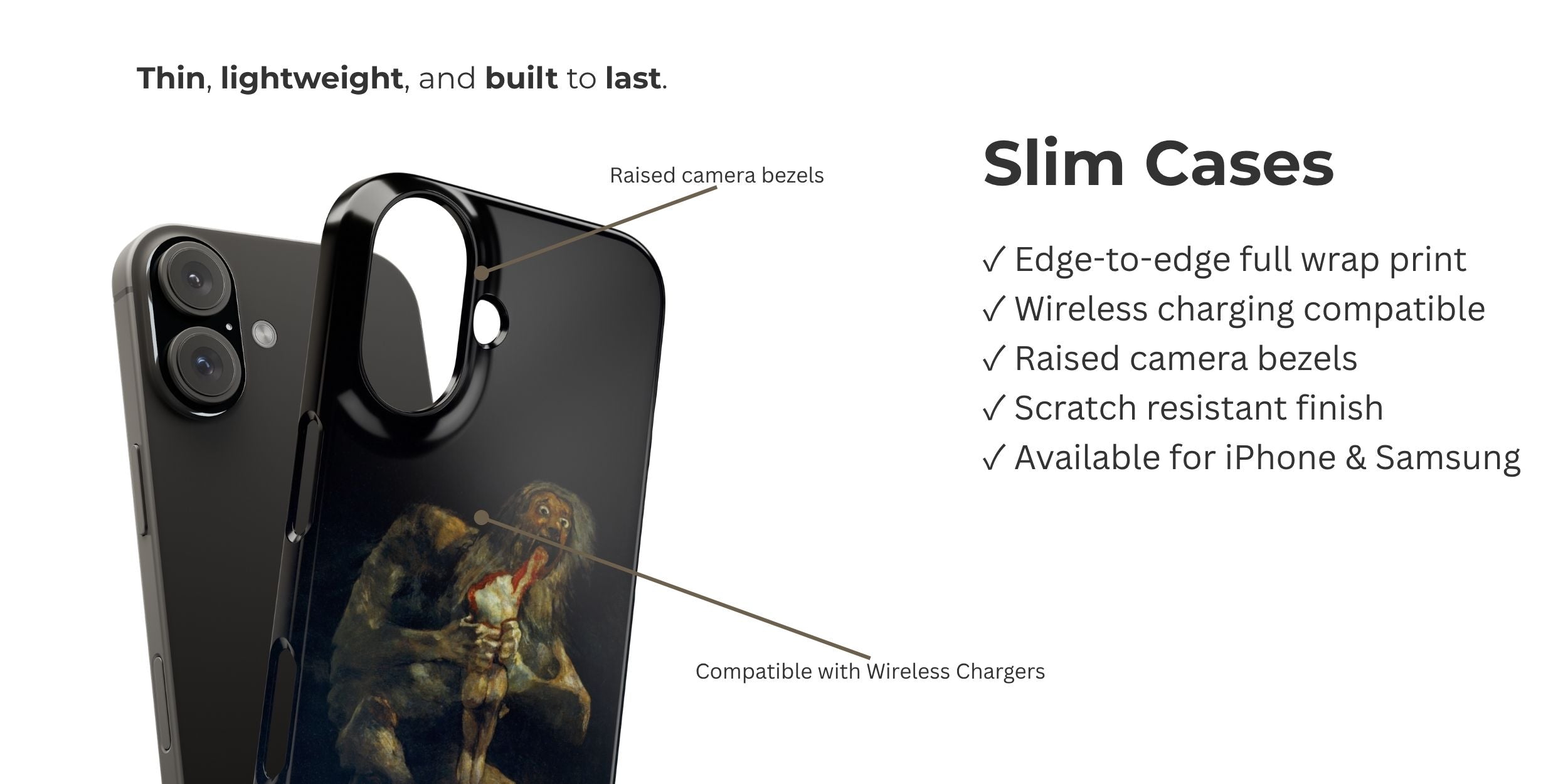 Close-up view of a slim phone case showing its thin, lightweight design, precise fit, and minimal protective structure while maintaining access to all buttons and ports.