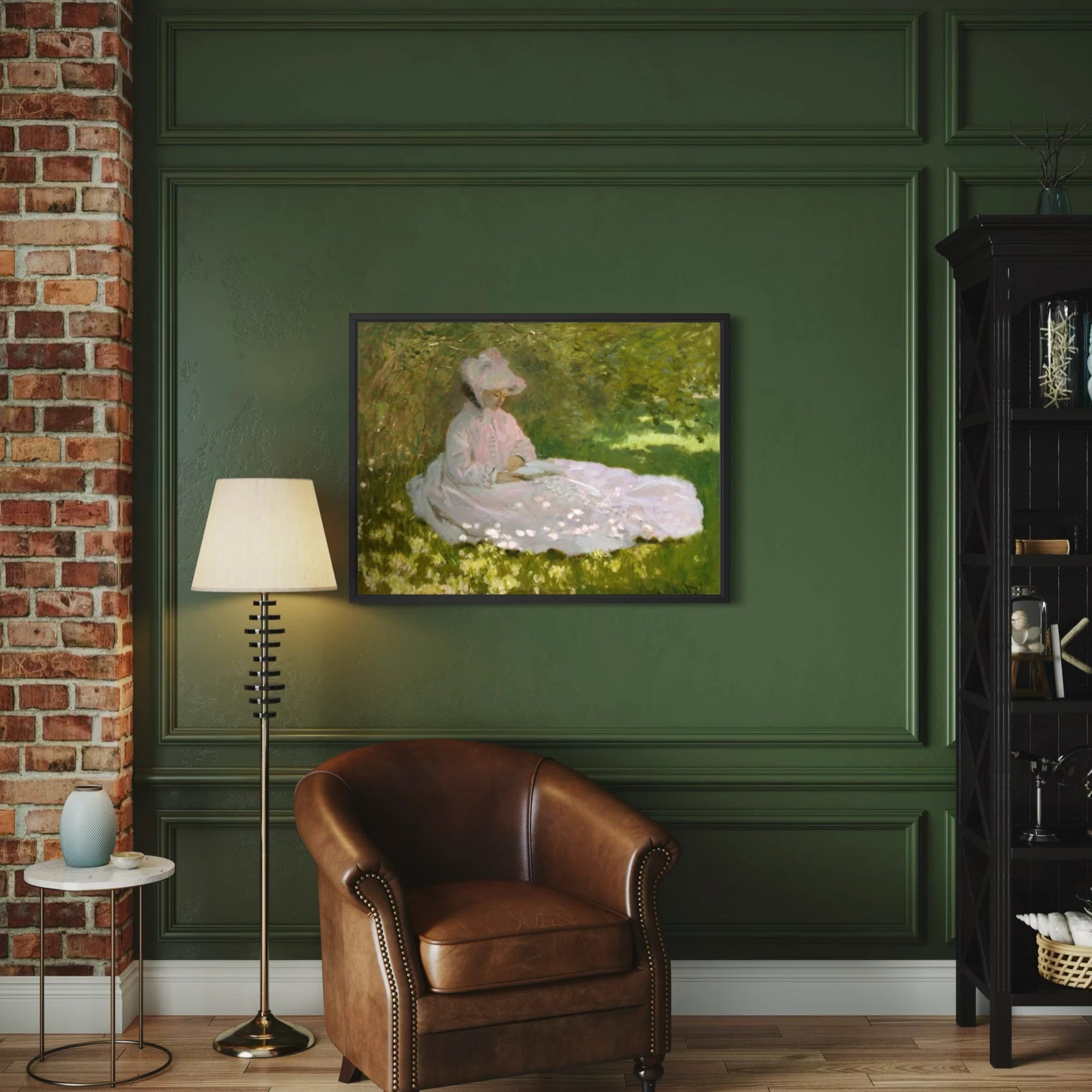 Framed Springtime by Claude Monet wall art hanging on a wall in a modern interior.