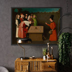 The Conjurer by Hieronymus Bosch wall art hanging on a wall as elegant home decor.