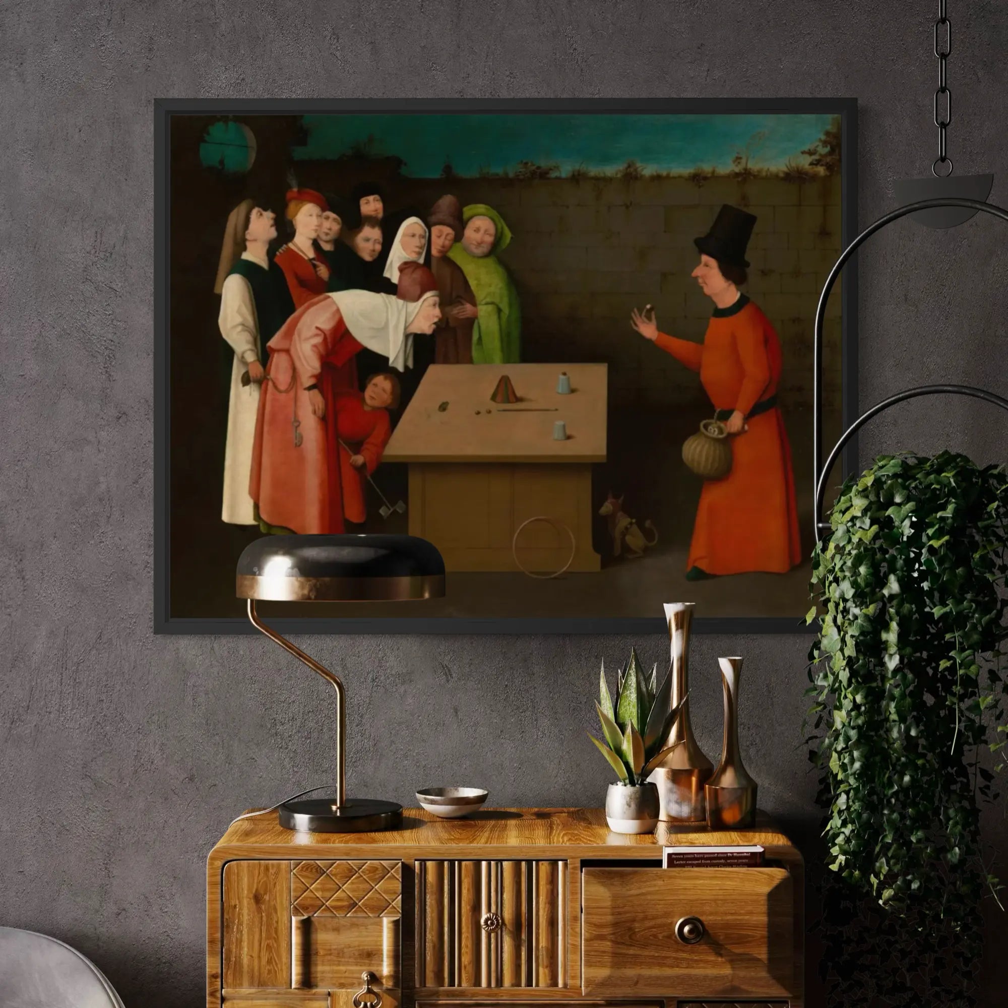 The Conjurer by Hieronymus Bosch wall art hanging on a wall as elegant home decor.