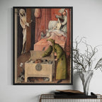 The Death of the Miser by Hieronymus Bosch wall art hanging on a wall as elegant home decor.
