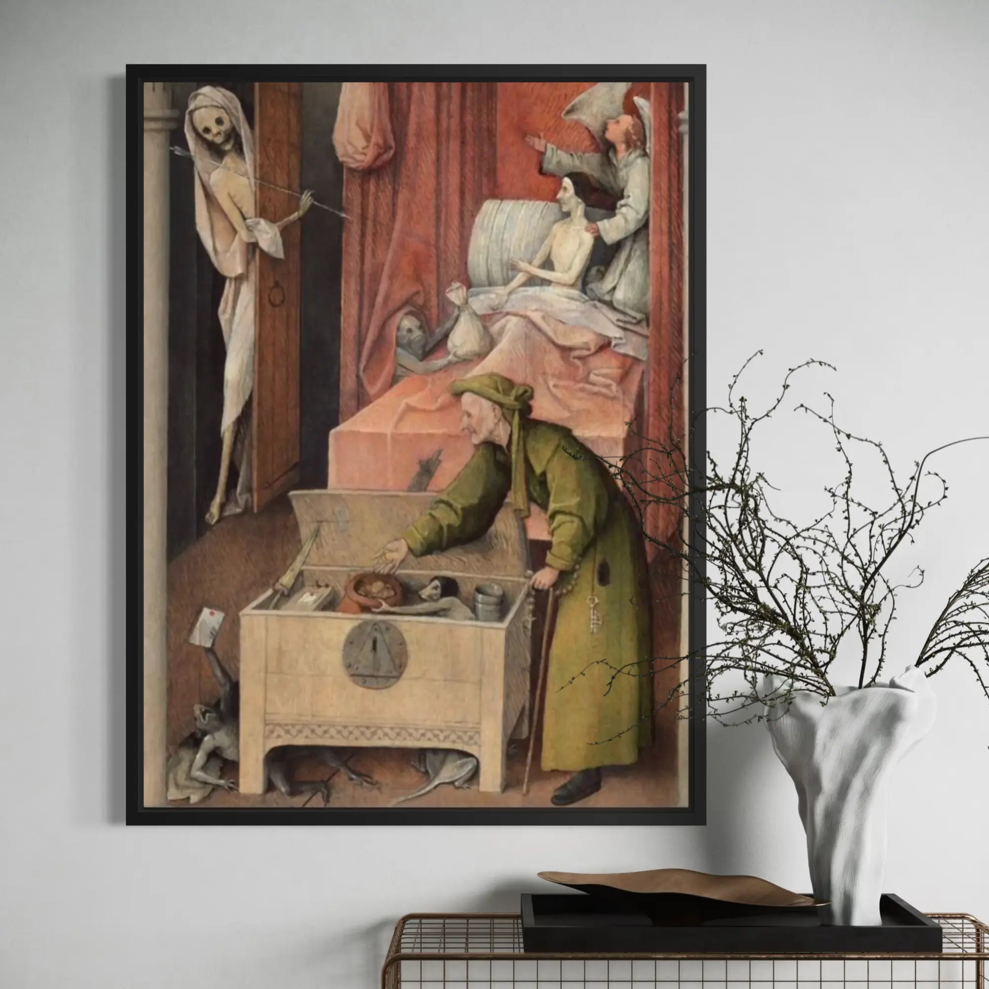 The Death of the Miser by Hieronymus Bosch wall art hanging on a wall as elegant home decor.