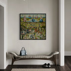 The Garden of Earthly Delights central panel by Hieronymus Bosch wall art hanging on a wall as elegant home decor.