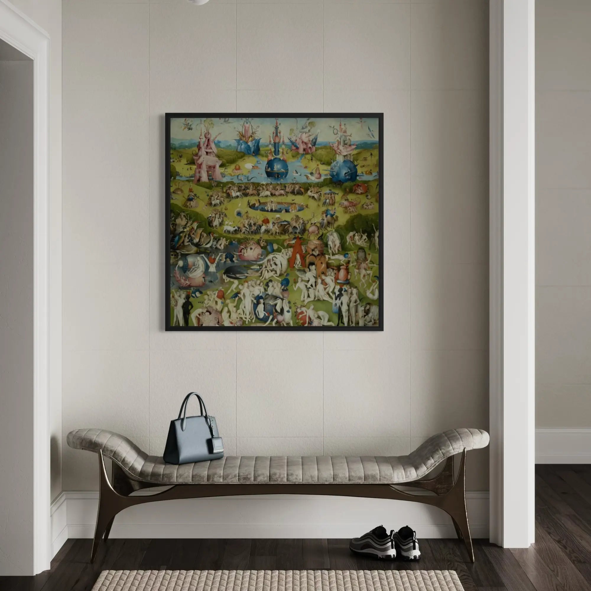 The Garden of Earthly Delights central panel by Hieronymus Bosch wall art hanging on a wall as elegant home decor.
