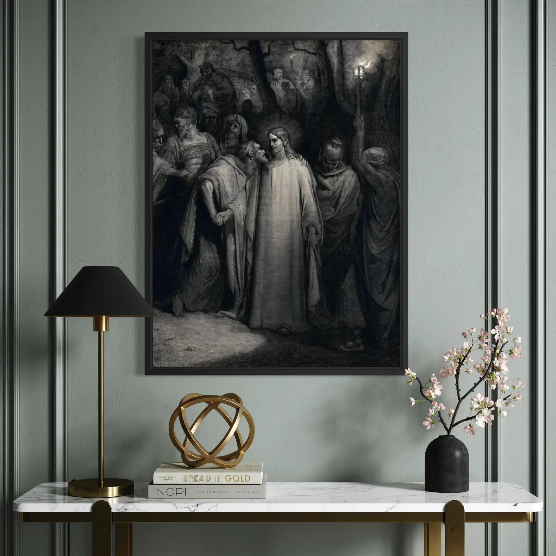 Framed The Judas Kiss by Gustave Doré wall art hanging on a wall in a modern interior.
