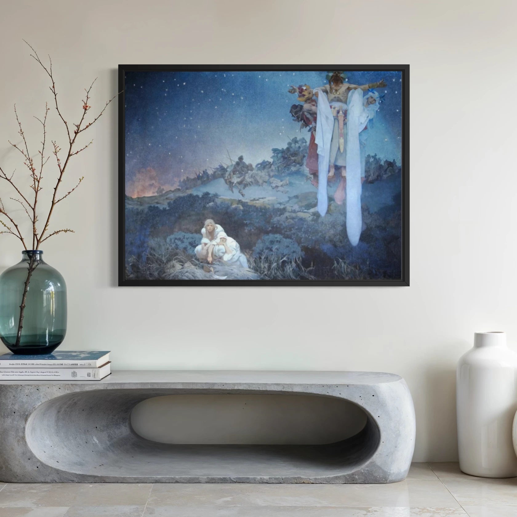 Framed The Slavic Epic, Cycle (1912) by Alphonse Mucha wall art hanging on a wall in a modern interior.