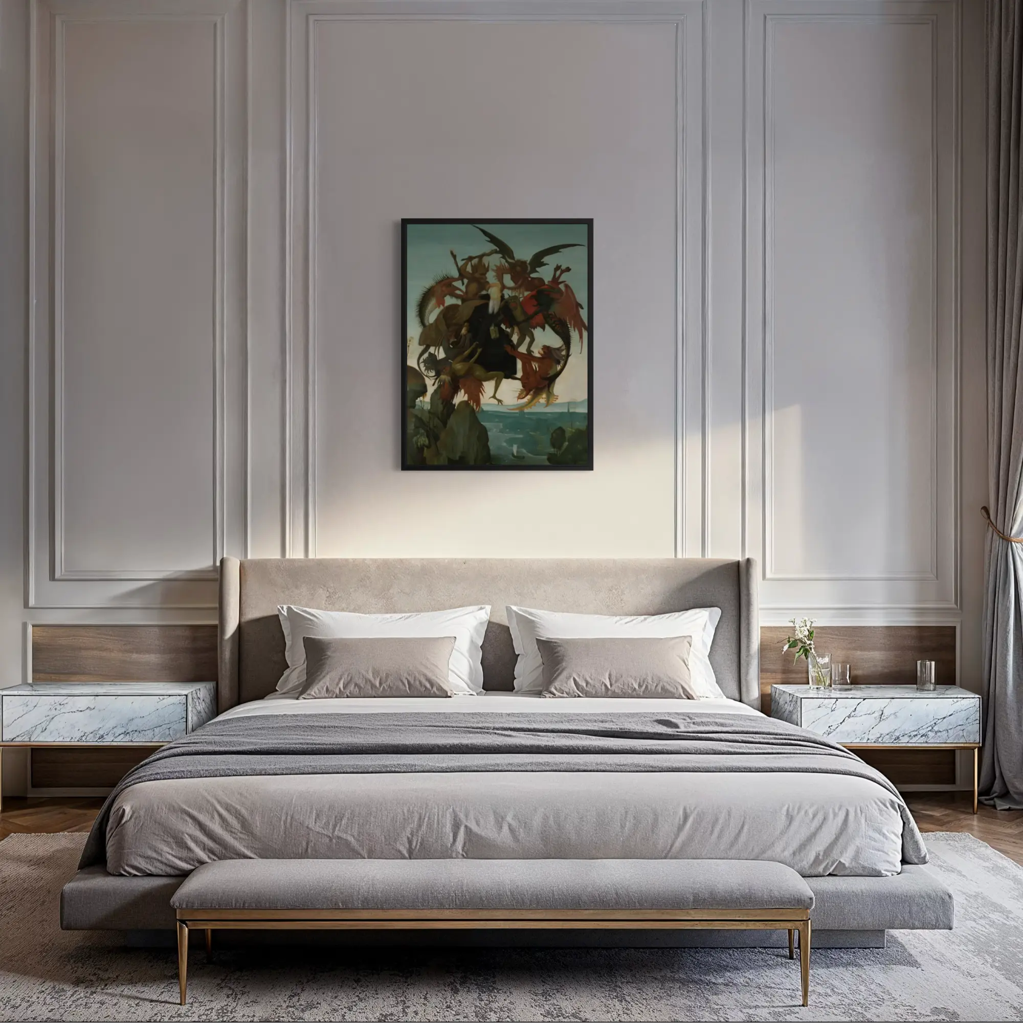 The Torment of Saint Anthony by Michelangelo wall art hanging on a wall as elegant home decor.