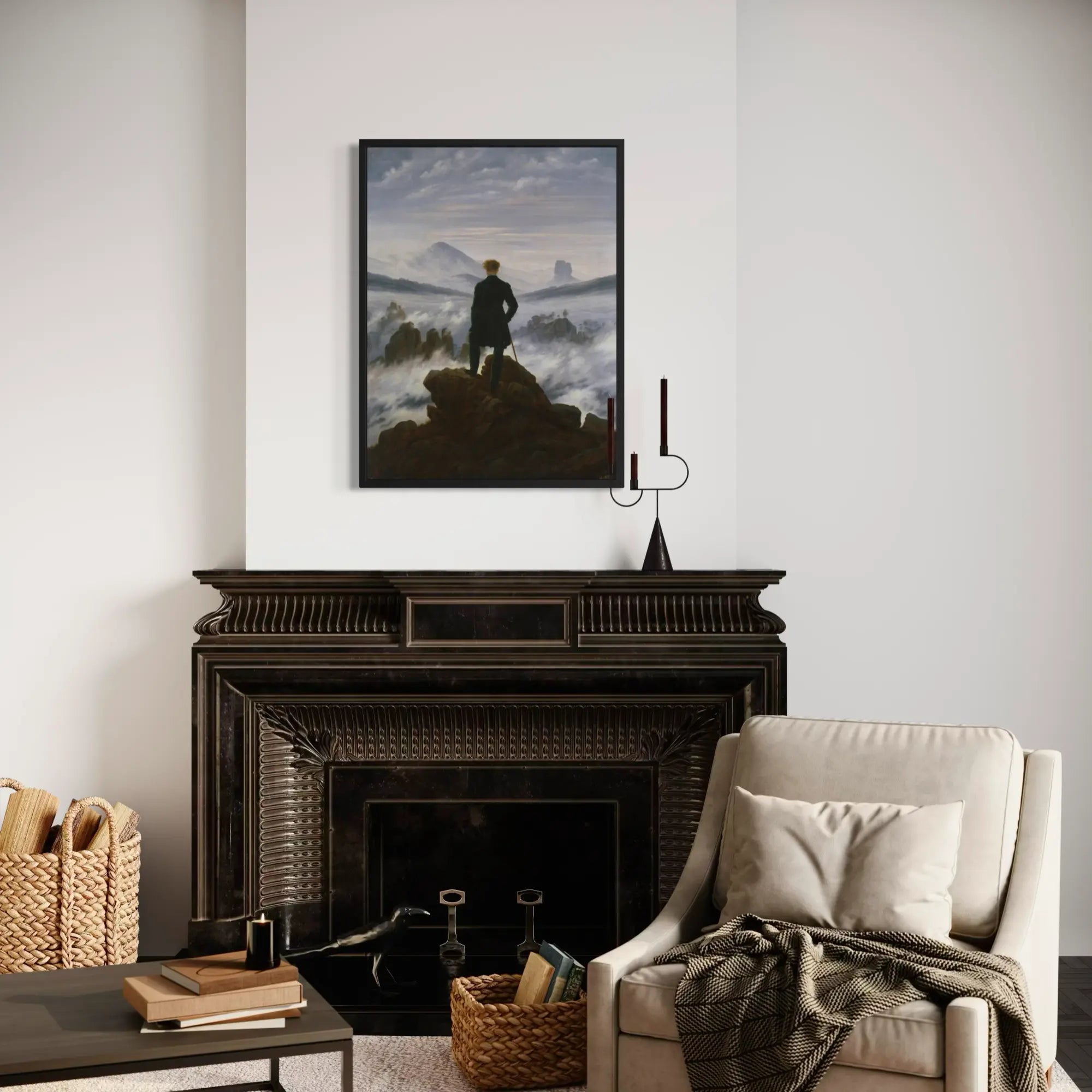 The Wanderer Above the Sea of Fog by Caspar David Friedrich wall art hanging on a wall as elegant home decor.