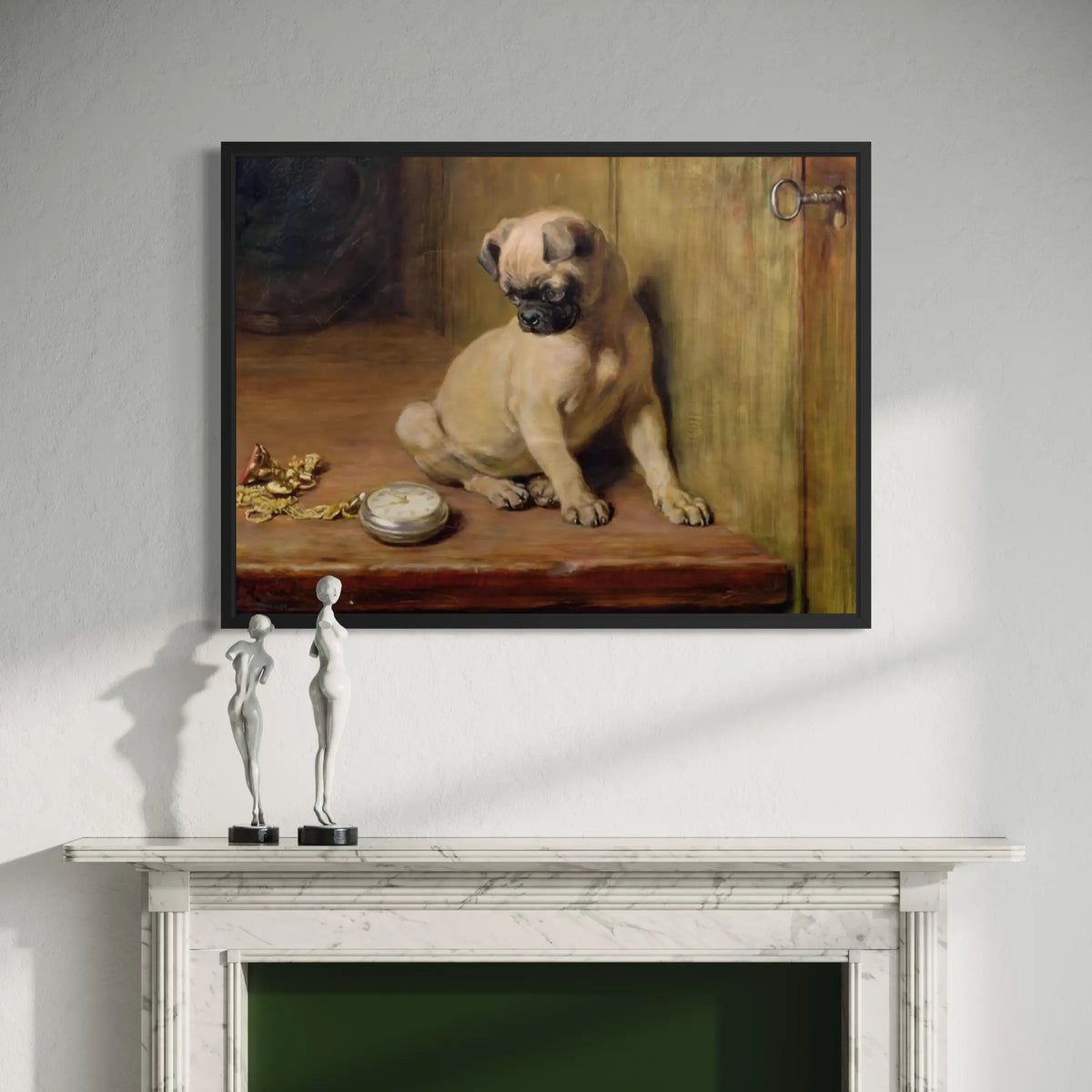 Framed Tick-Tack by Briton Rivière wall art hanging on a wall in a modern interior.