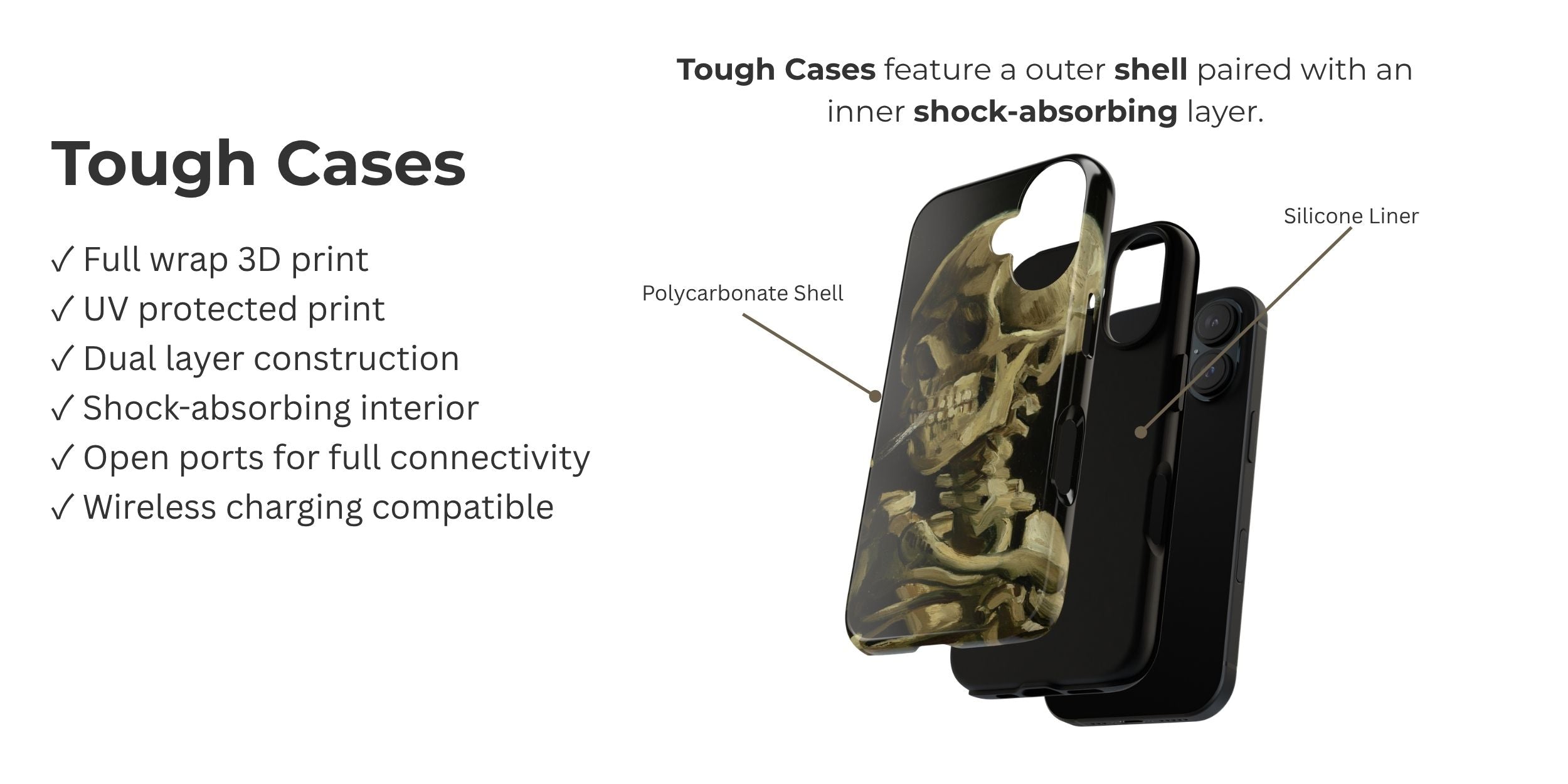 Exploded view of a tough phone case showing its dual-layer construction, impact-resistant shell, shock-absorbing inner layer, and protective features.