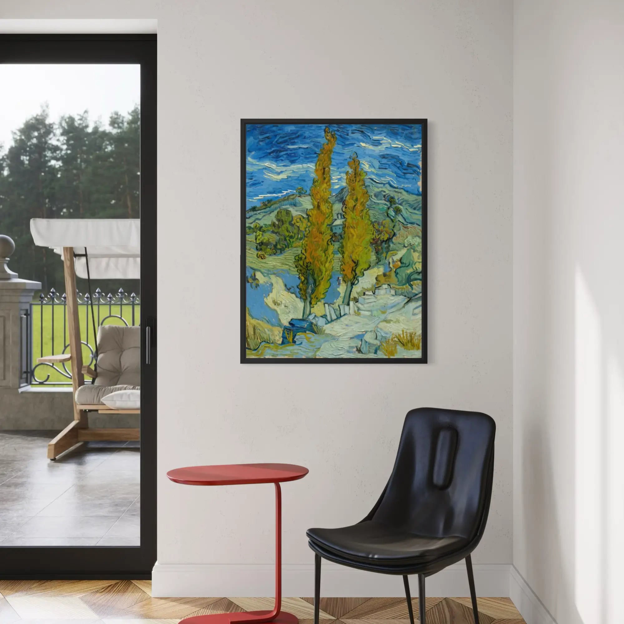 Two Poplars in the Alpilles near Saint-Rémy by Vincent van Gogh wall art hanging on a wall as elegant home decor.