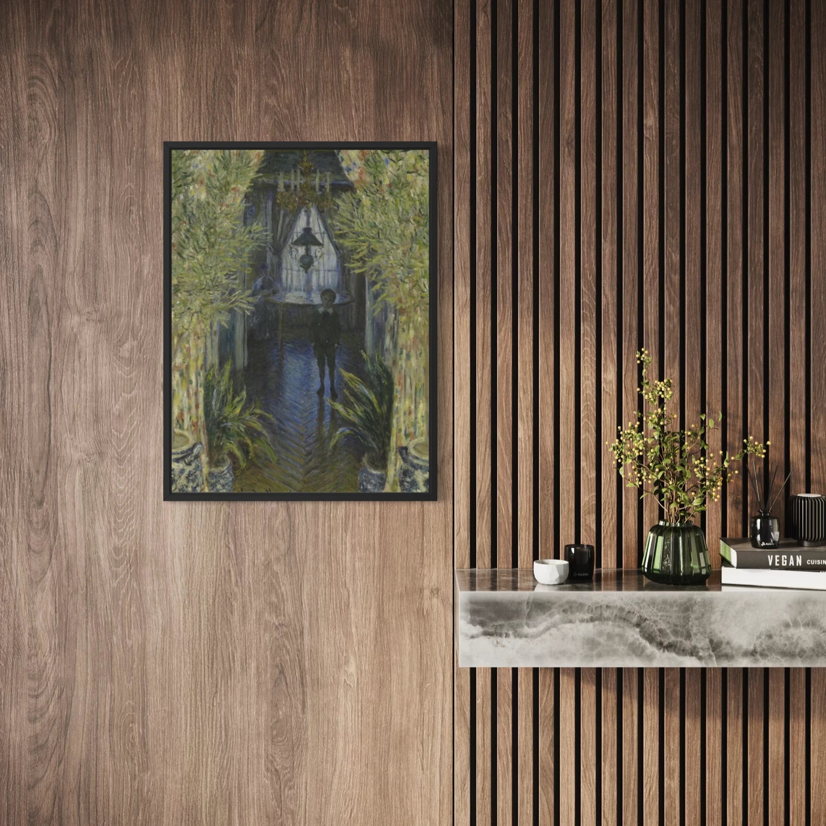 Framed A Corner of the Apartment by Claude Monet wall art hanging on a wall in a modern interior.