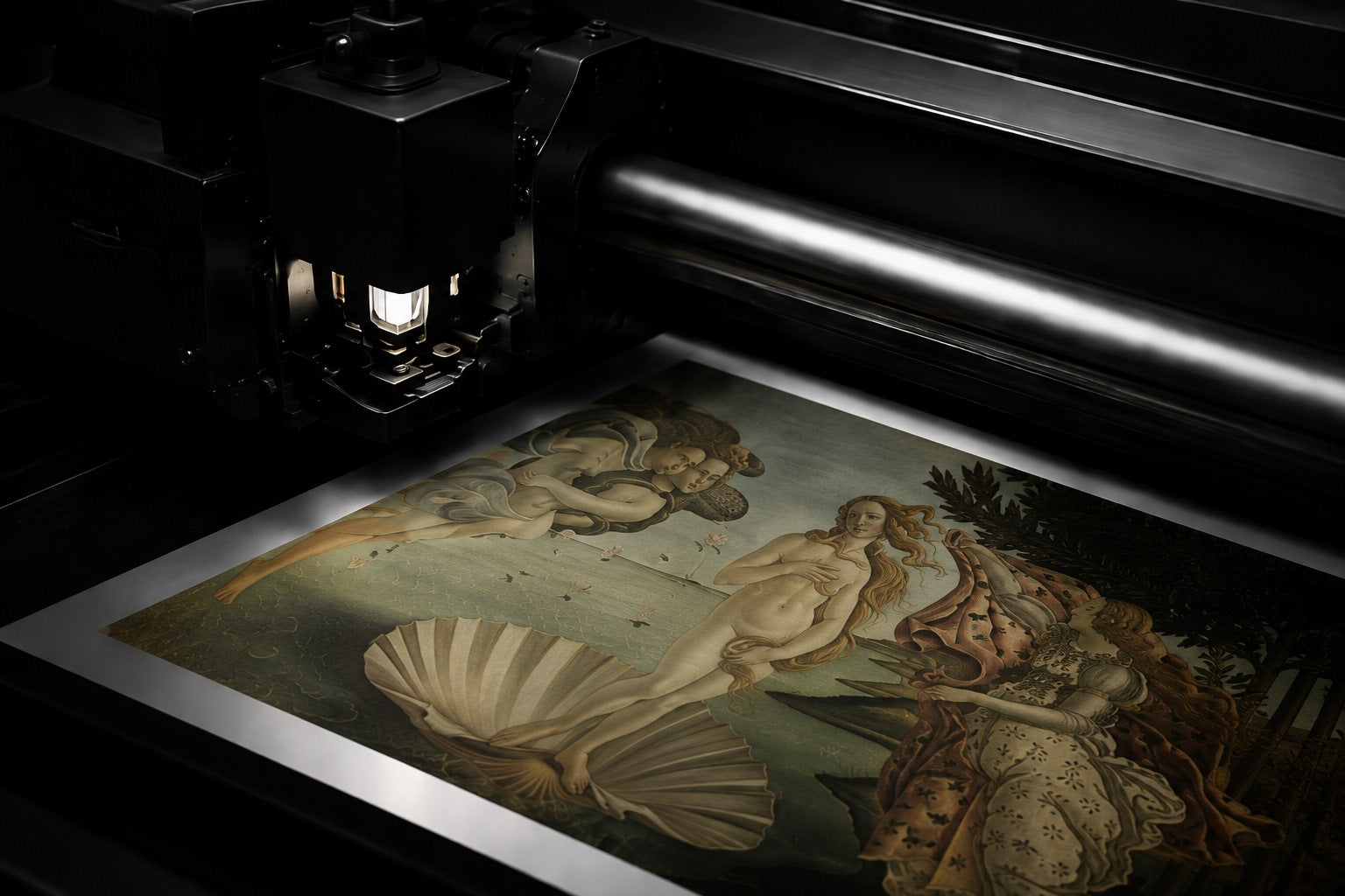 Professional printer producing a high-quality custom art print in the printing studio